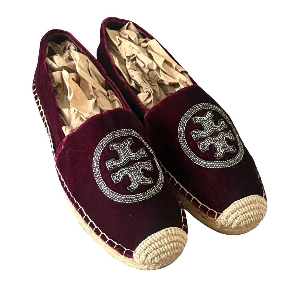 Tory Burch Poppy Metallic Logo Velvet Espadrilles Burgundy Wine 10.5M 5585 - Picture 3 of 16